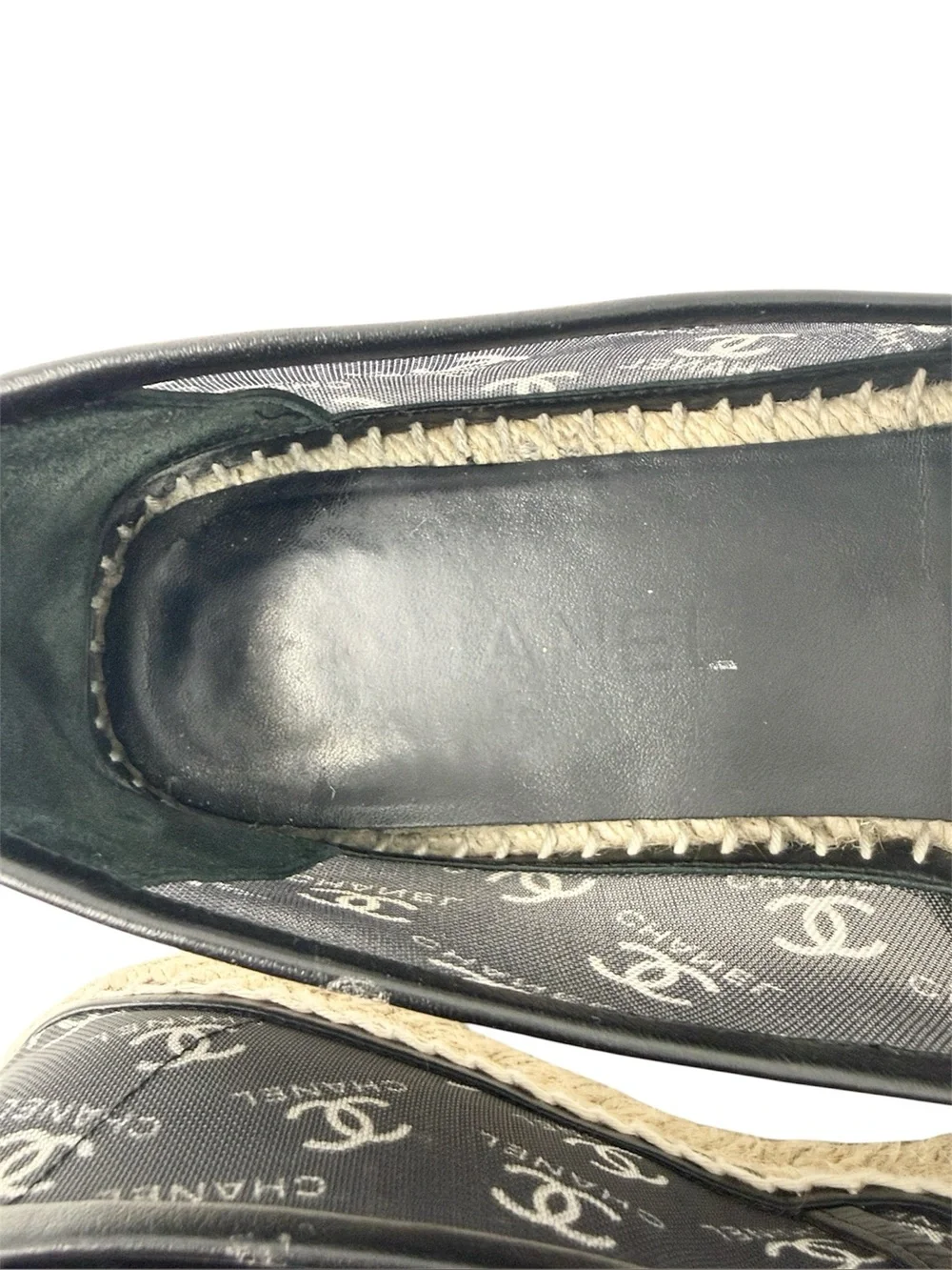 Chanel CC Monogram Logo Black Mesh Grosgrain Cap Toe Espadrilles Size 41